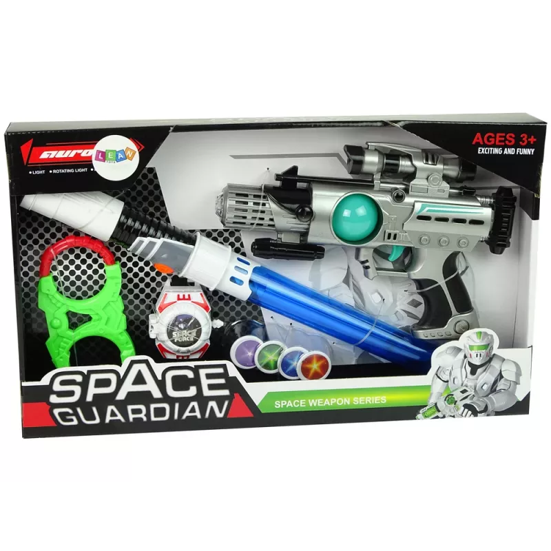 LEAN TOYS Space Warrior súprava laserová zbraň svetelný meč putá vrhací disk