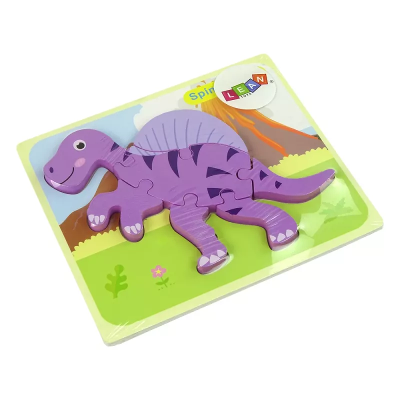 LEAN TOYS Drevené puzzle dinosaurus Corythosaurus ružové Spinosaurus fialové