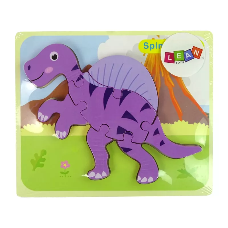LEAN TOYS Drevené puzzle dinosaurus Corythosaurus ružové Spinosaurus fialové