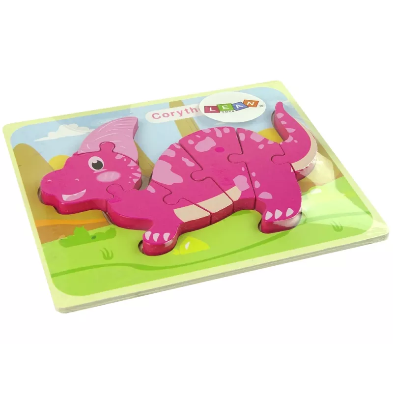 LEAN TOYS Drevené puzzle dinosaurus Corythosaurus ružové Spinosaurus fialové