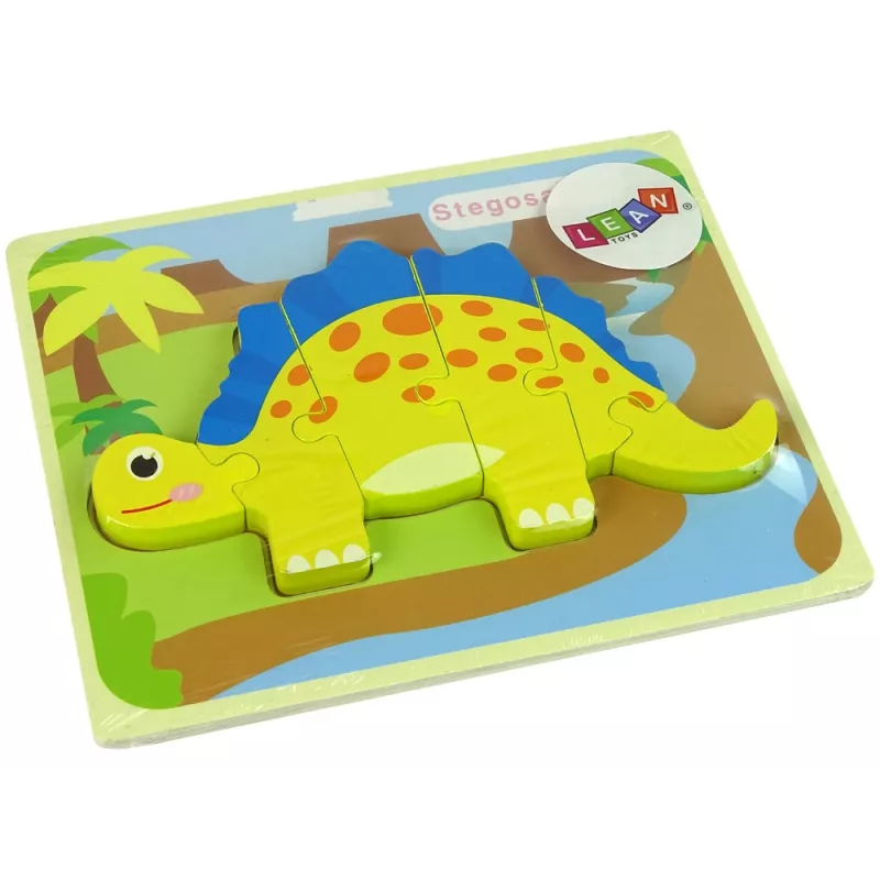 LEAN TOYS Drevené puzzle dinosaurus Stegosaurus žlté