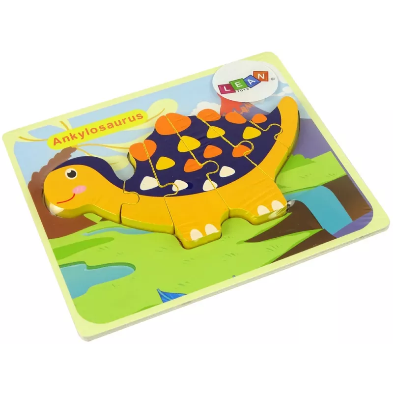 LEAN TOYS Drevené puzzle dinosaurus Triceratops Ankylosaurus oranžové
