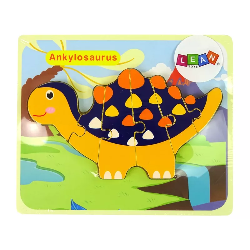 LEAN TOYS Drevené puzzle dinosaurus Triceratops Ankylosaurus oranžové