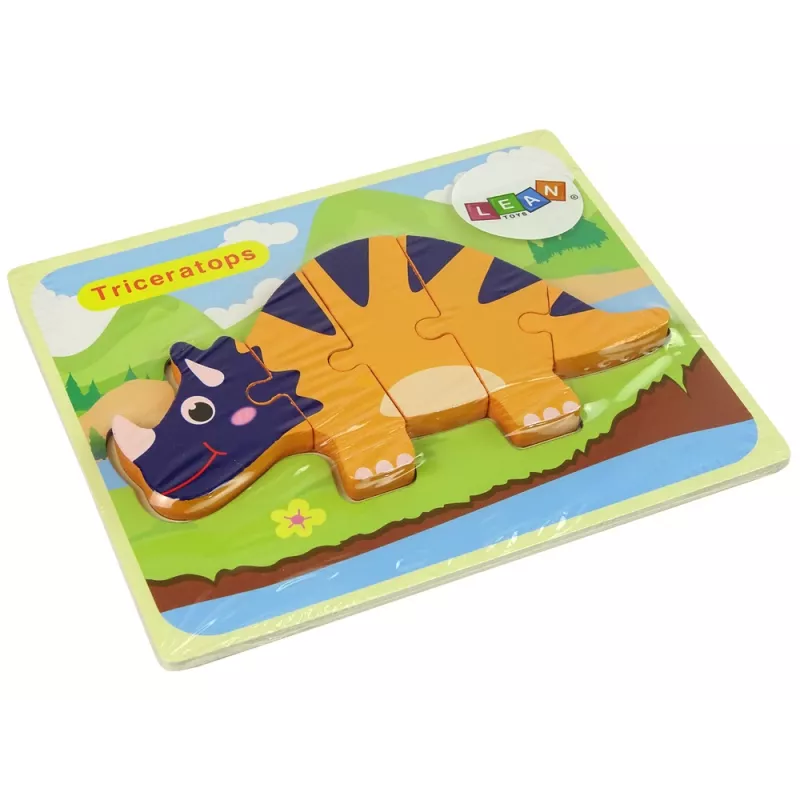 LEAN TOYS Drevené puzzle dinosaurus Triceratops Ankylosaurus oranžové