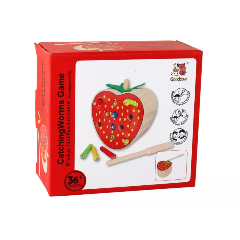 LEAN TOYS Drevená jahoda Chyť červa Magnetická hra