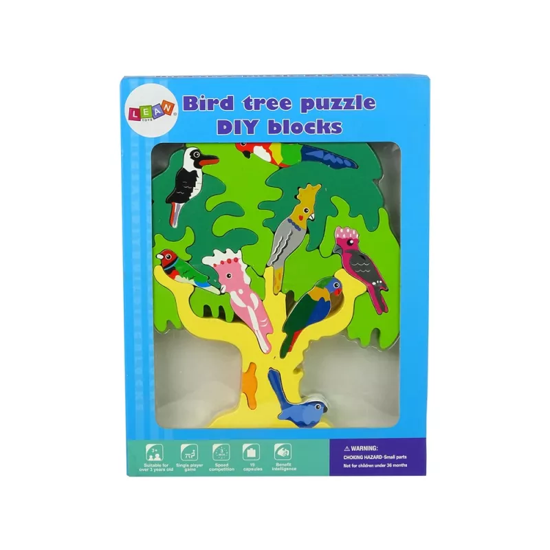 LEAN TOYS drevený strom vtáky papagáje DIY drevené puzzle bloky