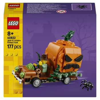 LEGO 40822 Jack-O'-Lantern Pickup Truck stavebnica – 200 dielov, minifigúrka strašiaka, halloweensky dekoračný model