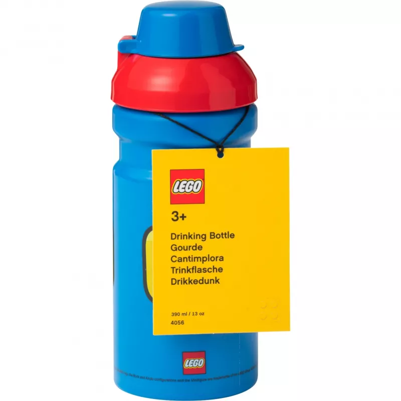 LEGO Iconic fľaša na pitie 390 ml modrá so silikónovým výpustom a priesvitným viečkom