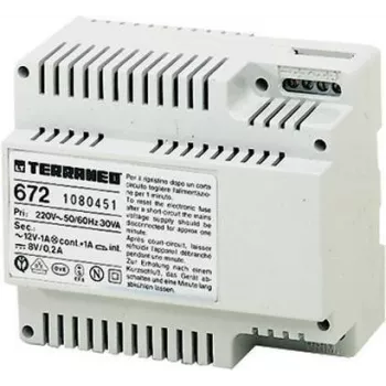 LEGRAND bticino 672 napájací zdroj pre domové telefóny, 230V AC na 8V DC / 12V AC, 1,2A, DIN lišta, biela