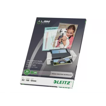 Leitz 7485-00-00 A3 laminovacie fólie, lesklé krištáľovo číre, 125 mikrónov, balenie 100 ks