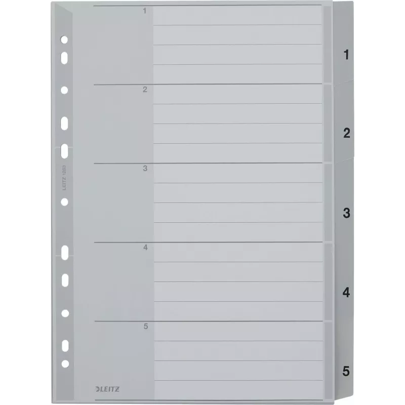 LEITZ A4 Extra Wide PP indexové oddeľovače 1-5, sivá s popisovateľným krycím listom 1283-00-85
