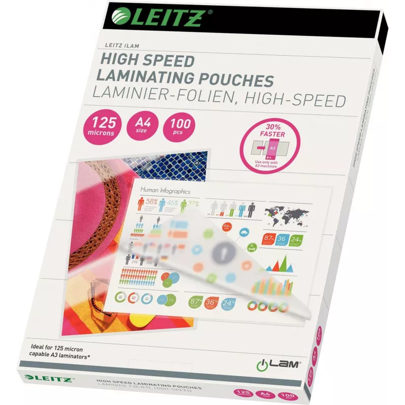 Leitz A4 laminovacie fólie, 80 mikrónov, lesklé, balenie 100 ks, jam-free UDT 7430-00-02