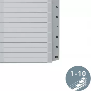 LEITZ A5 plastový register, číslovaný 1-10, sivý, 10-dielny, polypropylén, 0,12 mm, s popísateľným krycím listom 1285-00-00
