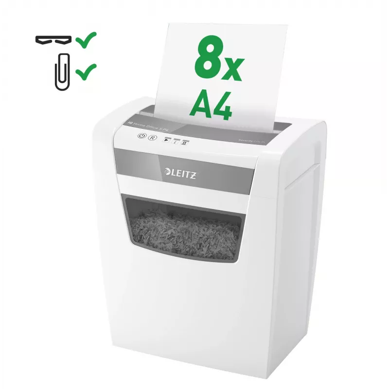 LEITZ IQ Home Office S P-4 skartovačka s čiastočkovým rezom, 8 listov, 10 L, biela (80360000)