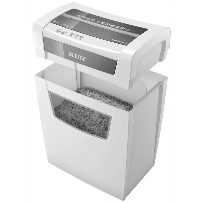 LEITZ IQ Home Office S P-4 skartovačka s čiastočkovým rezom, 8 listov, 10 L, biela (80360000)