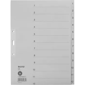 LEITZ Manila register, numerický 1-12, A4 extra široký, sivá, 12-dielny, 100 g/m², dierovanie 80 mm, spevnené otvory 1233-00-85