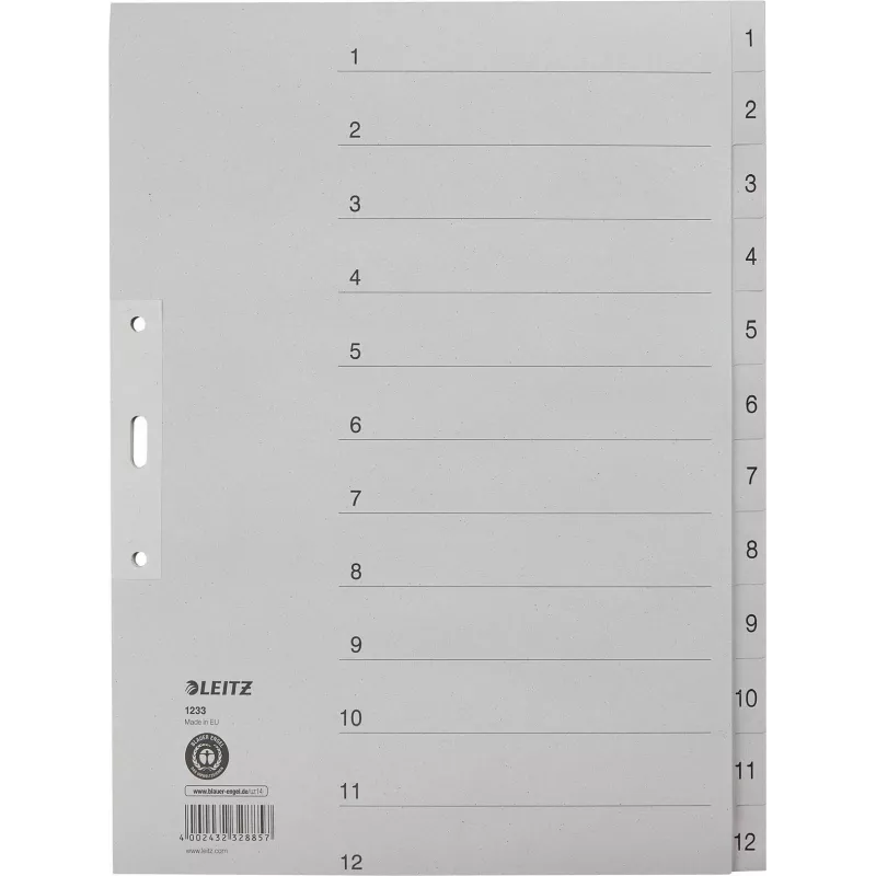 LEITZ Manila register, numerický 1-12, A4 extra široký, sivá, 12-dielny, 100 g/m², dierovanie 80 mm, spevnené otvory 1233-00-85