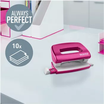 Leitz NeXXt Series WOW kovová mini dierovačka, ružová, 2-dierková, 10 listov, metalický povrch 5060-10-23