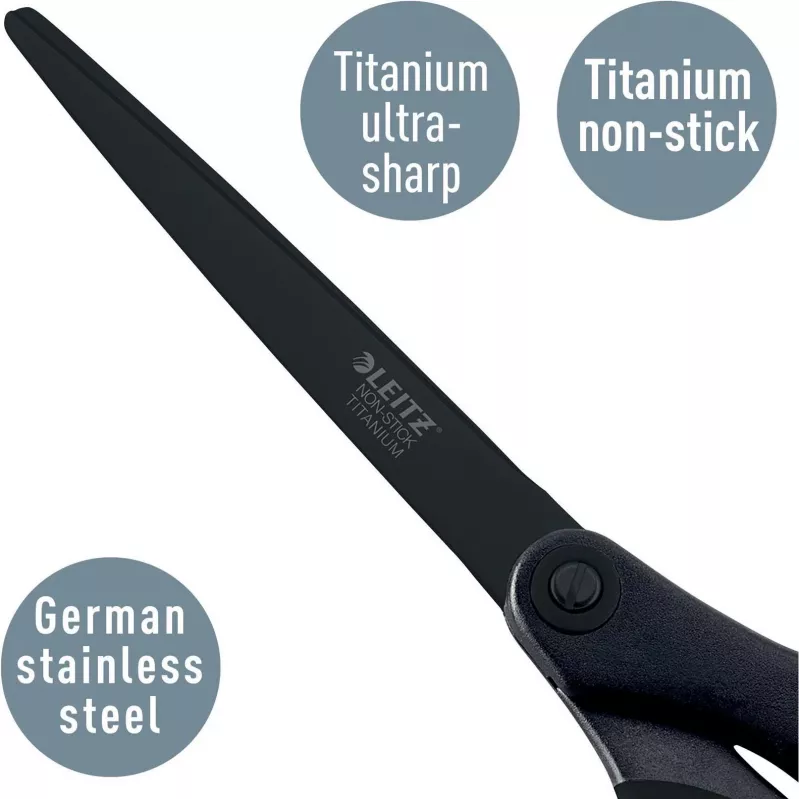 Leitz Titanium Quality nožnice 180 mm, čepele z nehrdzavejúcej ocele s titánovým povlakom, ergonomické soft-grip rukoväte, čierna/červená, na papier a látku 5419-60-95