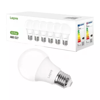 LEPRO 100090-DW-EU-6 LED žiarovka, E27, A60, 8,5 W (zodpovedá 60 W), 806 lm, 6500 K studená biela, 180° uhol vyžarovania, balenie 6 ks