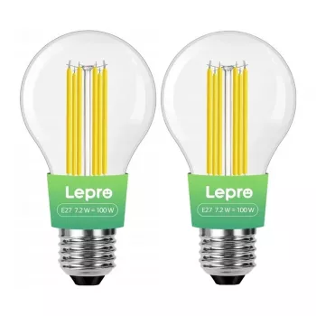 LEPRO 100094-WW-EU-2 E27 filamentová LED žiarovka, 7,2 W (zodpovedá 100 W), 1521 lm, 2700K teplá biela, energetická trieda A, balenie 2 ks