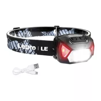 LEPRO 320014 USB nabíjacia LED čelová lampa s CREE XPE spot, COB širokouhlé svetlo, červené svetlo, IPX4 vodotesná, 300 lúmenov, 1200mAh batéria, nastaviteľný elastický popruh na hlavu - čierna