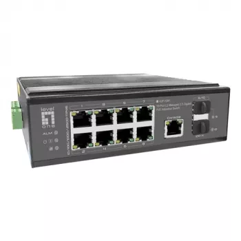 LevelOne priemyselný PoE+ switch 8x 2,5G PoE, 2x 1G, 2x 10G SFP+ uplinky, neřízený, DIN lišta, IP30