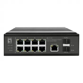 LevelOne priemyselný PoE+ switch 8x 2,5G PoE, 2x 1G, 2x 10G SFP+ uplinky, neřízený, DIN lišta, IP30