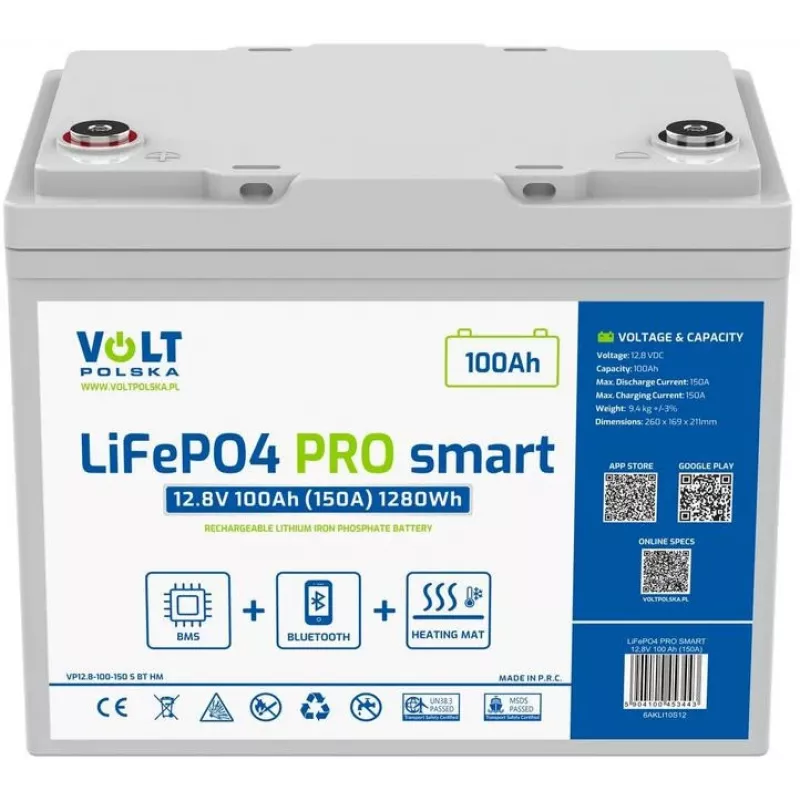 LiFePO4 batéria Volt Polska PRO SMART 12,8 V 100 Ah (150 A) BMS BLUETOOTH + HEIZPAD