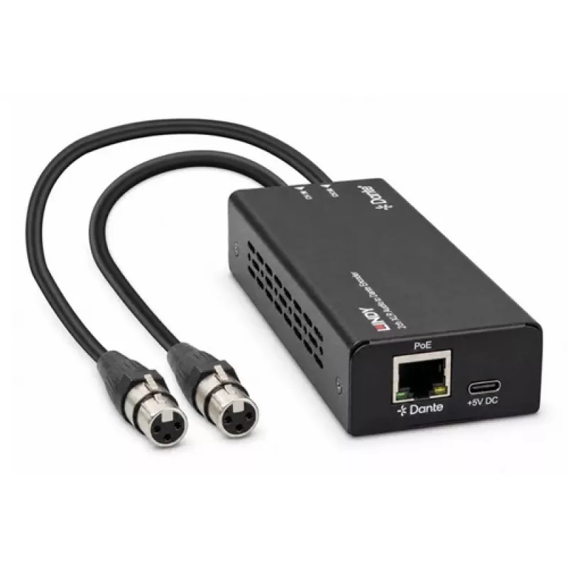 LINDY 2-kanálový XLR audio na Dante enkodér, PoE, AES67, 24-bit/96kHz 70618