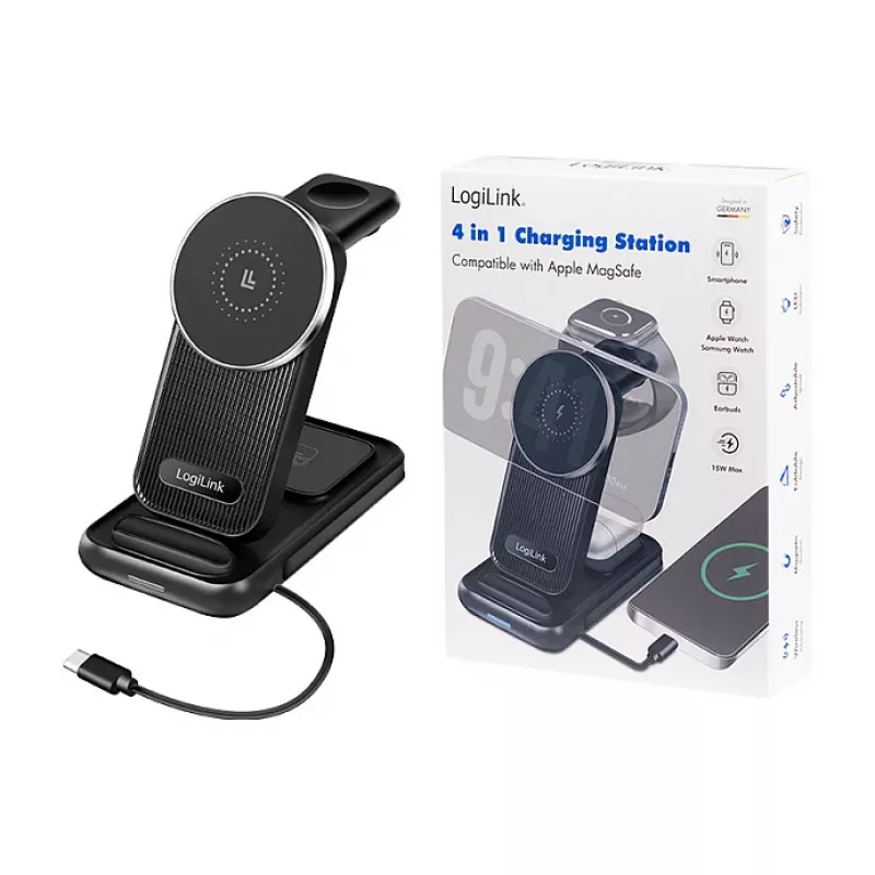 Logilink 4-in-1 bezdrôtová stolná nabíjačka, 15W Qi nabíjacia stanica (PA0292)