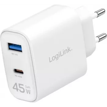 LogiLink 45W GaN USB nástenná nabíjačka, 1x USB-C PD, 1x USB-A QC, biela, euro konektor (PA0410)
