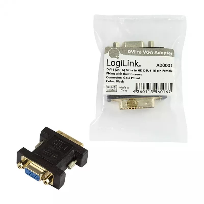 LogiLink AD0001 DVI-I na VGA adaptér, DVI-I konektor samec na HD15 konektor samica, 1080p, čierny