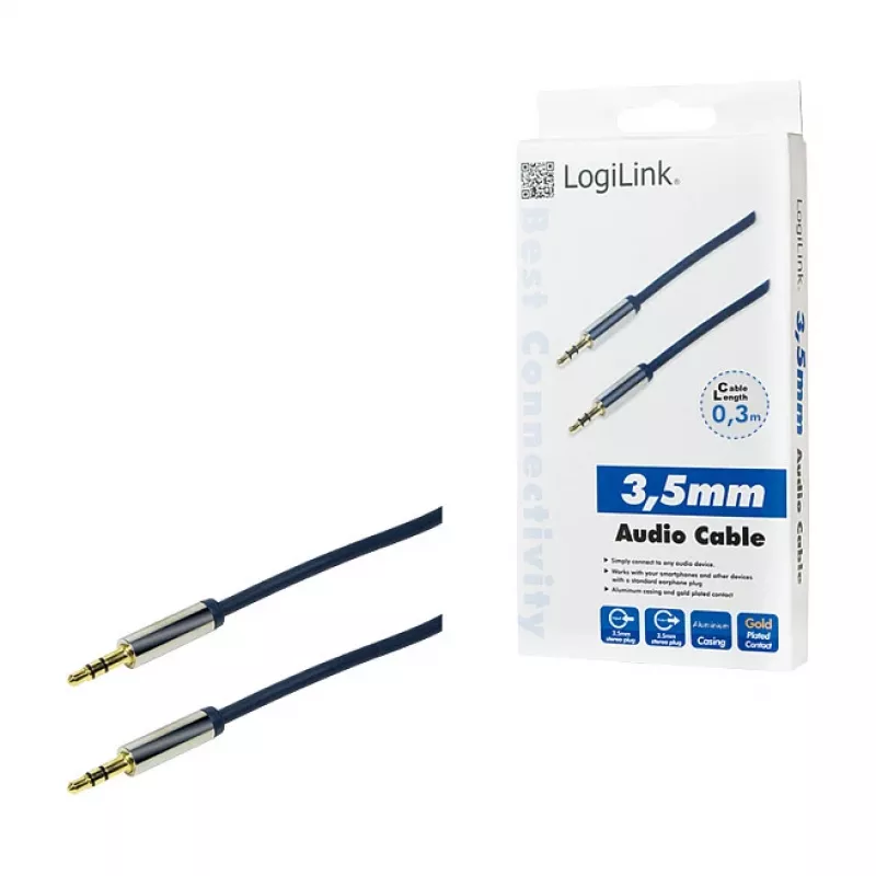 LogiLink CA10030 Premium 3.5mm TRS jack kábel, kovový konektor, modrý, 0.3m