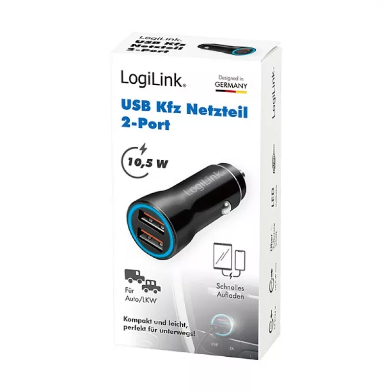 LogiLink PA0285 2-portová USB autonabíjačka 10,5 W, s LED osvetlením, čierna