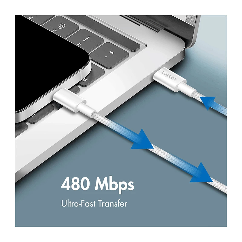 LogiLink CU0320 USB 2.0 Type-C kábel, USB-A na USB-C, 480 Mbps, 60W, nylonový pletený, biely, 0,5 m