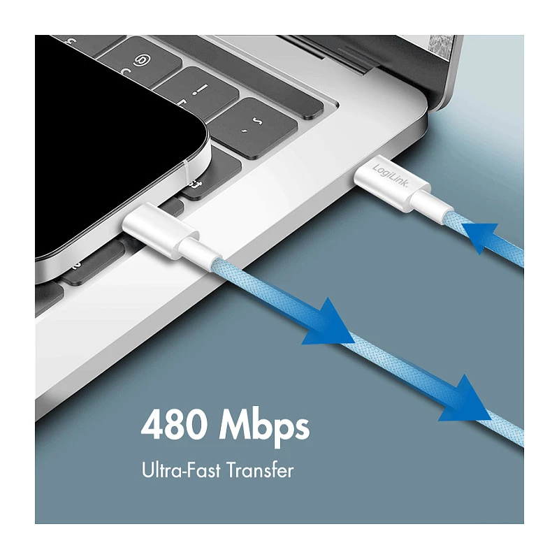 LogiLink CU0349 USB 2.0 Type-C na Type-C kábel, 0,5 m, 480 Mbit/s, 60 W Power Delivery, nylonový pletený, modrý