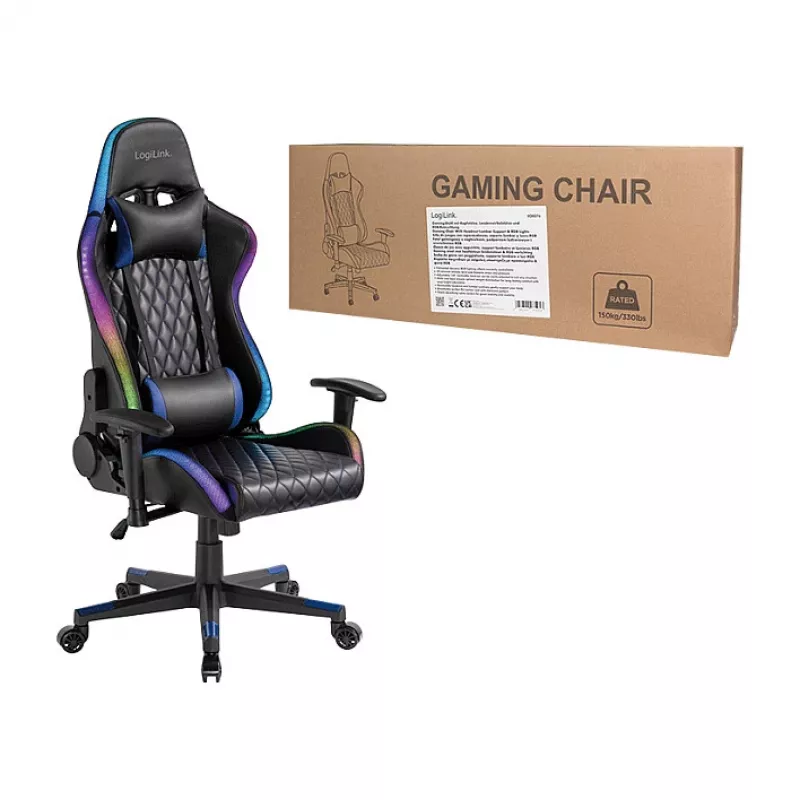 LogiLink EO0076 herná stolička s RGB osvetlením, bedrová opierka, čierna/modrá