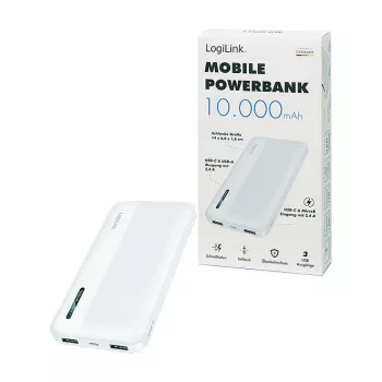 Logilink mobilná power banka, LiPo, 10000 mAh, USB-C in/out, biela