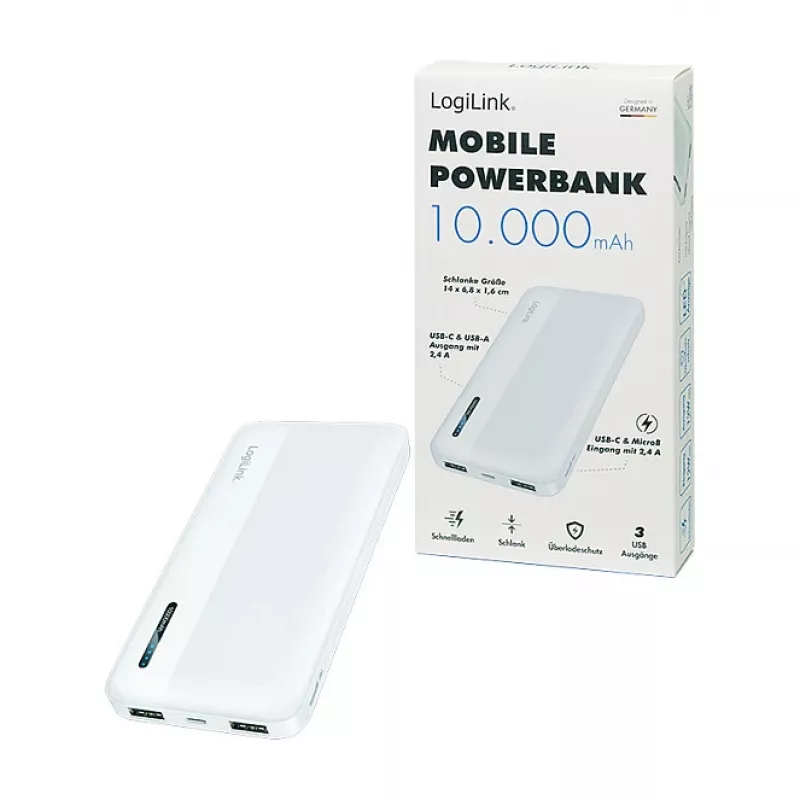 Logilink mobilná power banka, LiPo, 10000 mAh, USB-C in/out, biela