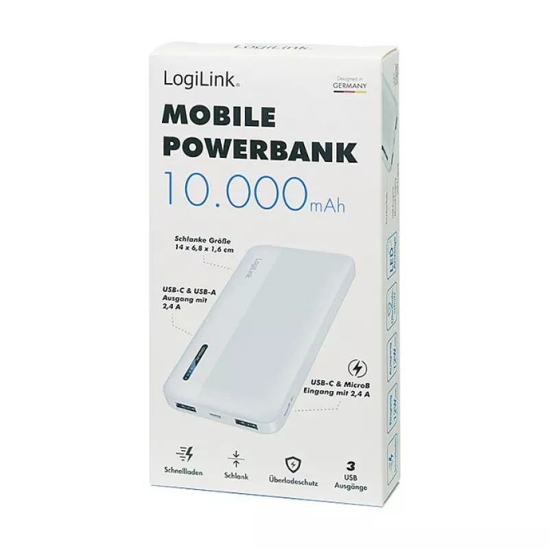 Logilink mobilná power banka, LiPo, 10000 mAh, USB-C in/out, biela