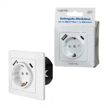 LOGILINK PA0253 nástenná zásuvka s 1 Schuko zásuvkou, 1 USB-A a 1 USB-C nabíjacím portom, 3,1 A, biela