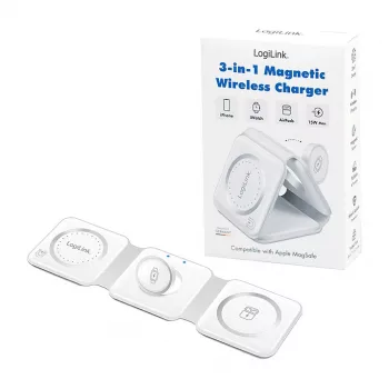 LOGILINK PA0344 magnetická nabíjačka 3-in-1 pre Apple zariadenia, biela, skladacia, MagSafe, 15W