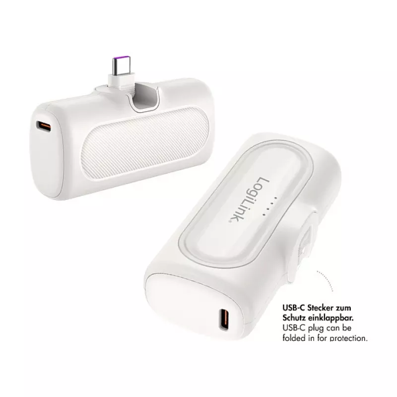 LogiLink PA0349W mobilná power banka, 5000 mAh, LiPo, integrovaný sklápací USB-C konektor a USB-C port, biela