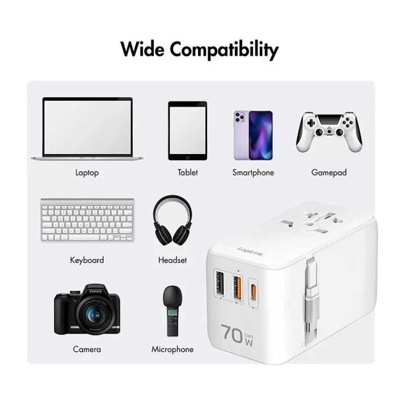 LOGILINK PA0357 USB-A/C cestovná nabíjačka, 70 W GaN, 4-portová, 2x USB-A (QC), 2x USB-C (PD), tenká, biela