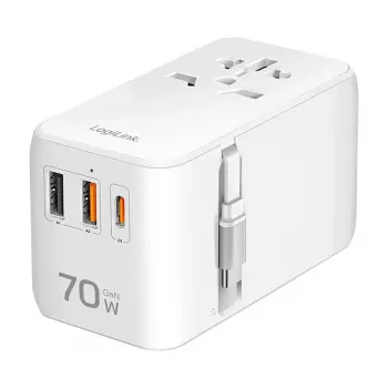 LOGILINK PA0357 USB-A/C cestovná nabíjačka, 70 W GaN, 4-portová, 2x USB-A (QC), 2x USB-C (PD), tenká, biela
