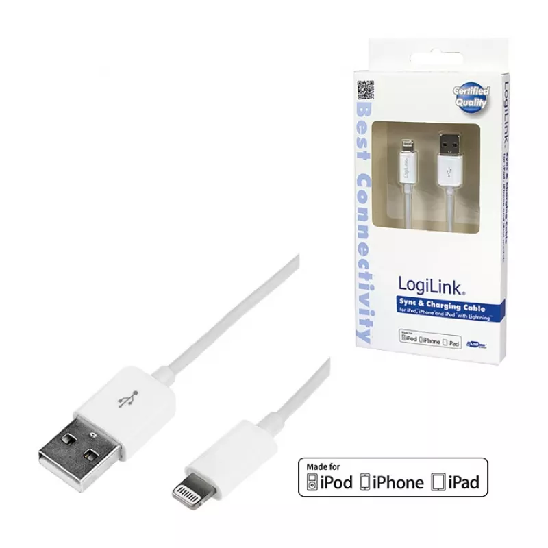 Logilink UA0199 Lightning kábel, MFI certifikovaný, USB-A na Lightning 8-pin, biely, 1m (rýchle nabíjanie a synchronizácia)