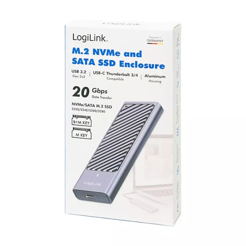 LogiLink UA0435 USB 3.2 Gen 2x2 puzdro na SSD, M.2 NVMe/SATA, USB-C, 20 Gbps, sivé