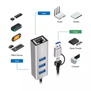 Logilink UA0440 USB 3.2 Gen 1 3-port hub s Gigabit Ethernet adaptérom, USB-C a USB-A konektor, hliník