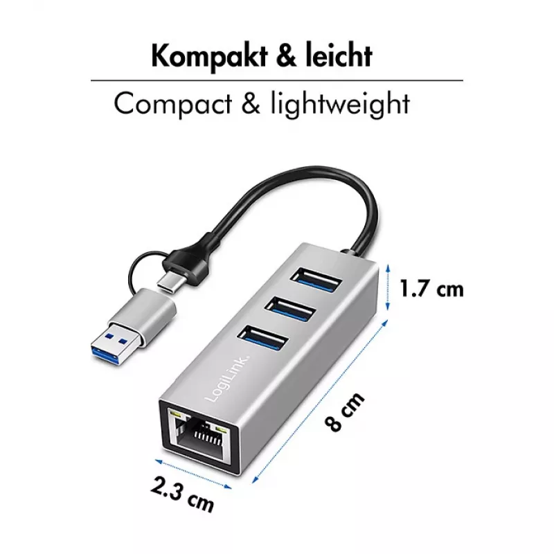 Logilink UA0440 USB 3.2 Gen 1 3-port hub s Gigabit Ethernet adaptérom, USB-C a USB-A konektor, hliník